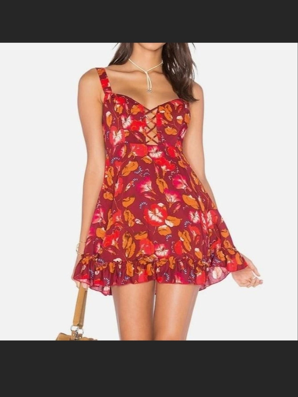 Free People Red Floral Lace-Up Ruffle Mini Dress